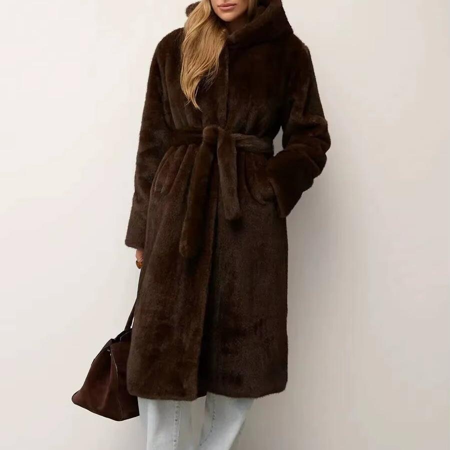 TrendHub New Imitation Mink Fur Coat Women's Winter Long Hooded Belted Faux Jacket