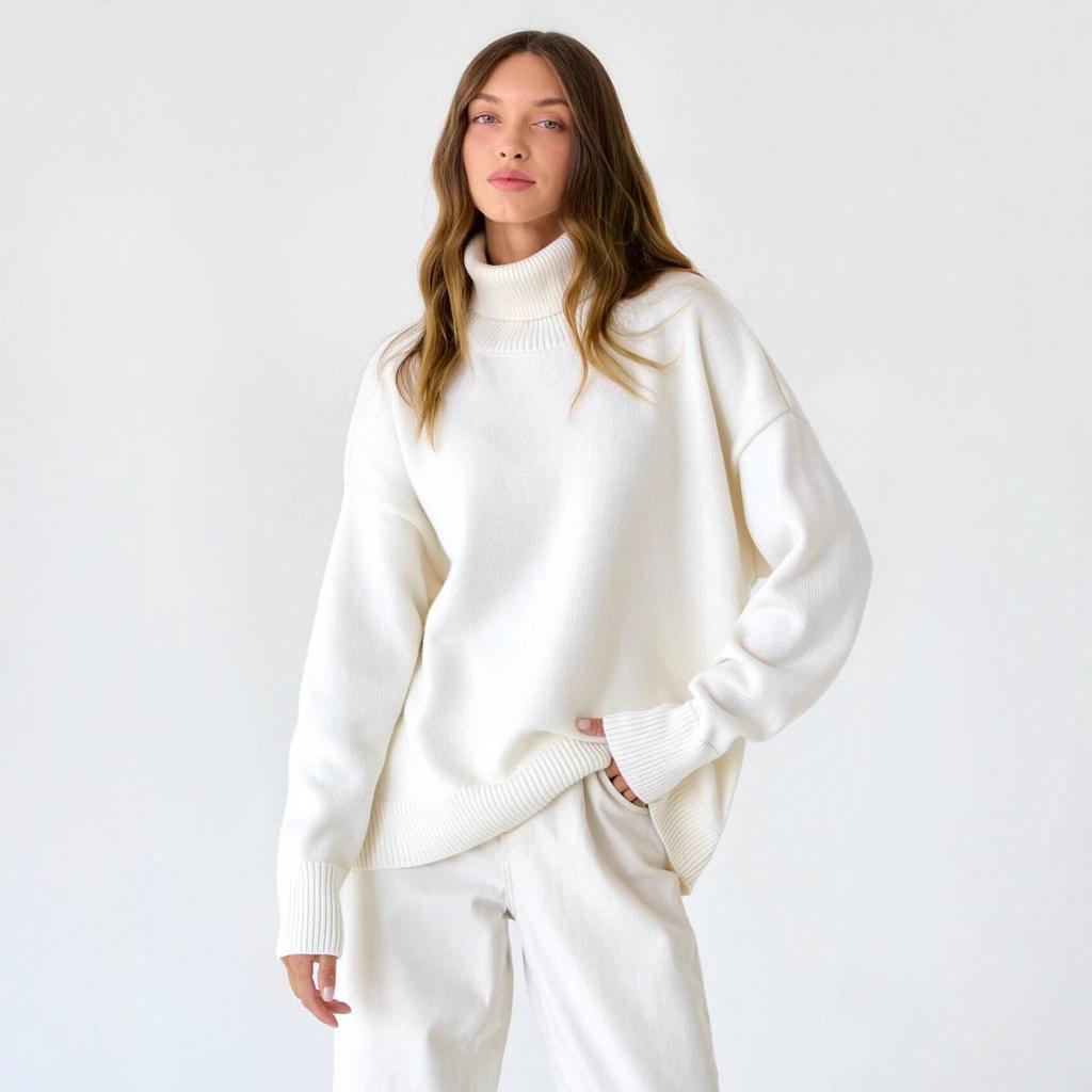 Однотонный свитер с высоким воротником Осень Зима Удобный Свободный Классический Универсальный Пуловер Роскошный Расслабленный крой Приталенный и Универсальный Топ