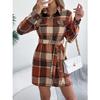 HNXC Повседневное клетчатое шерстяное платье-рубашка с длинным рукавом и шнуровкой для женщин