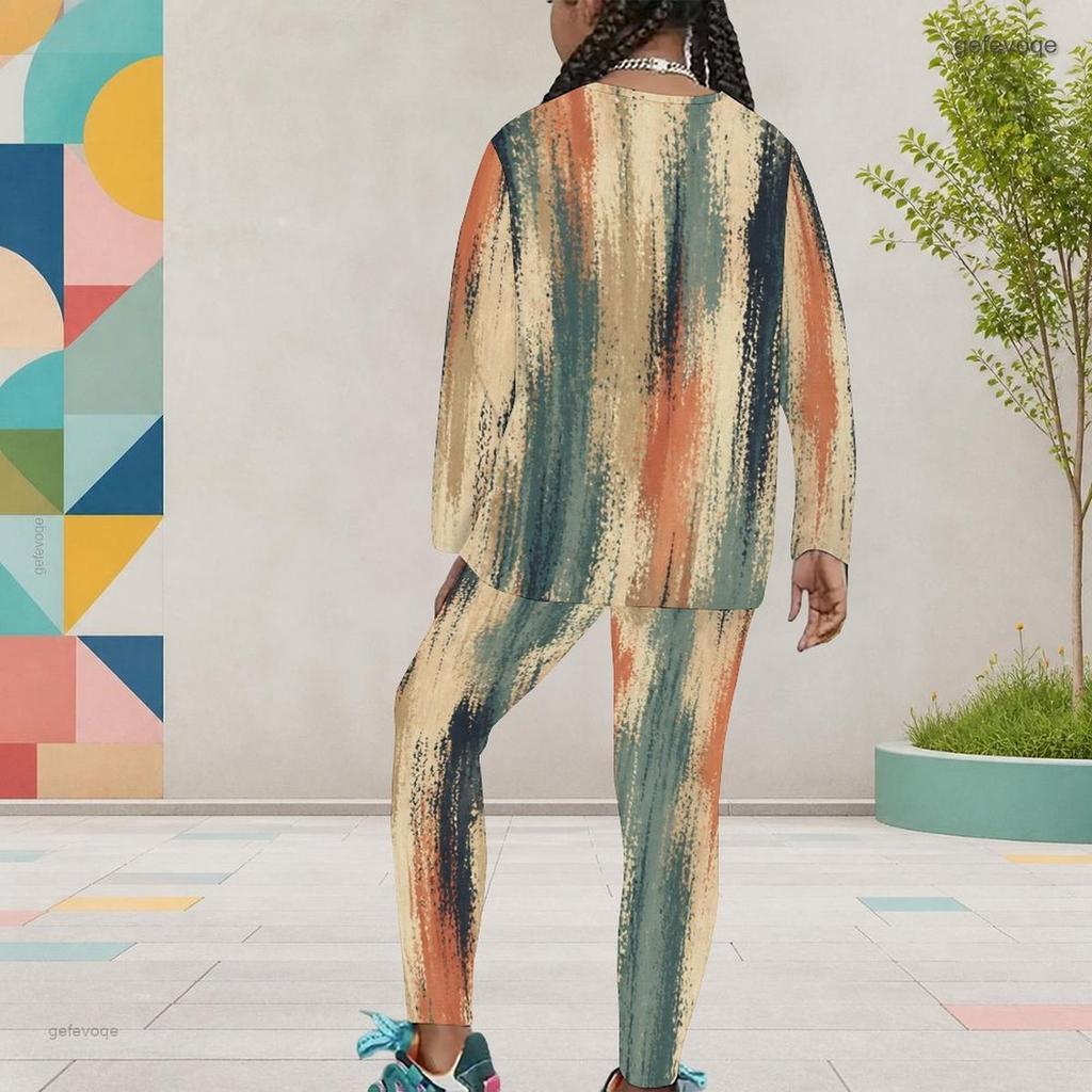 Girls Watercolor Printed Round Neck Long Sleeve Top And Fitted Pants Two Piece Set