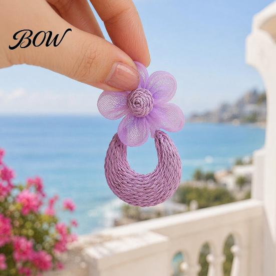 Raffia Braided Hoop Earrings 1 Pair Flower Drop for Women, Boho Summer Outfit Oval Statement Dangle Earrings, Bohemian Beach Vacation Jewelry