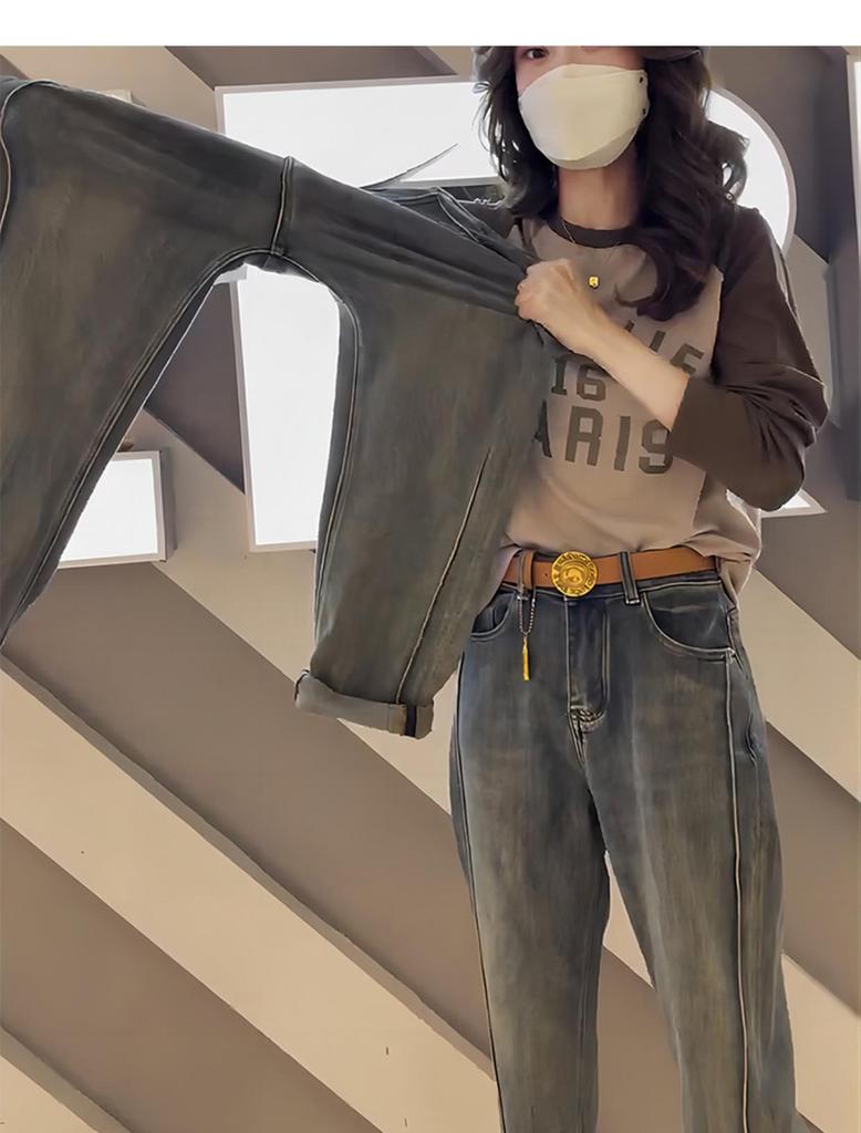 Джинсы женские маленького размера с высокой посадкой и прямыми штанинами, осенне-зимние, свободные, стройнящие, больших размеров, укороченные брюки гаремы