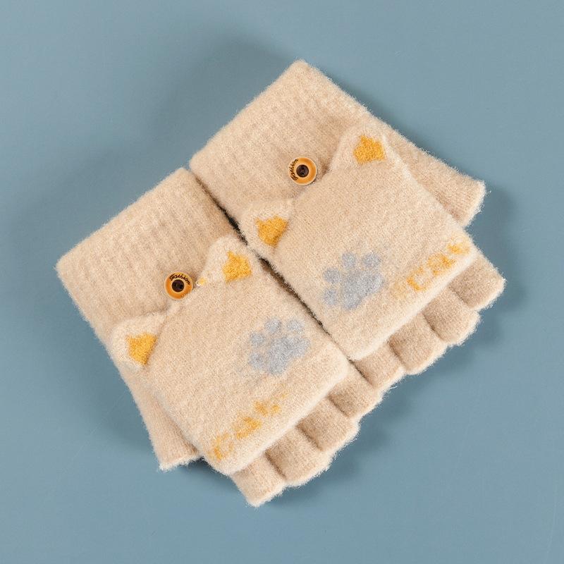 Женские зимние перчатки с милым рисунком, откидные теплые студенческие вязаные перчатки с полупальцами для письма