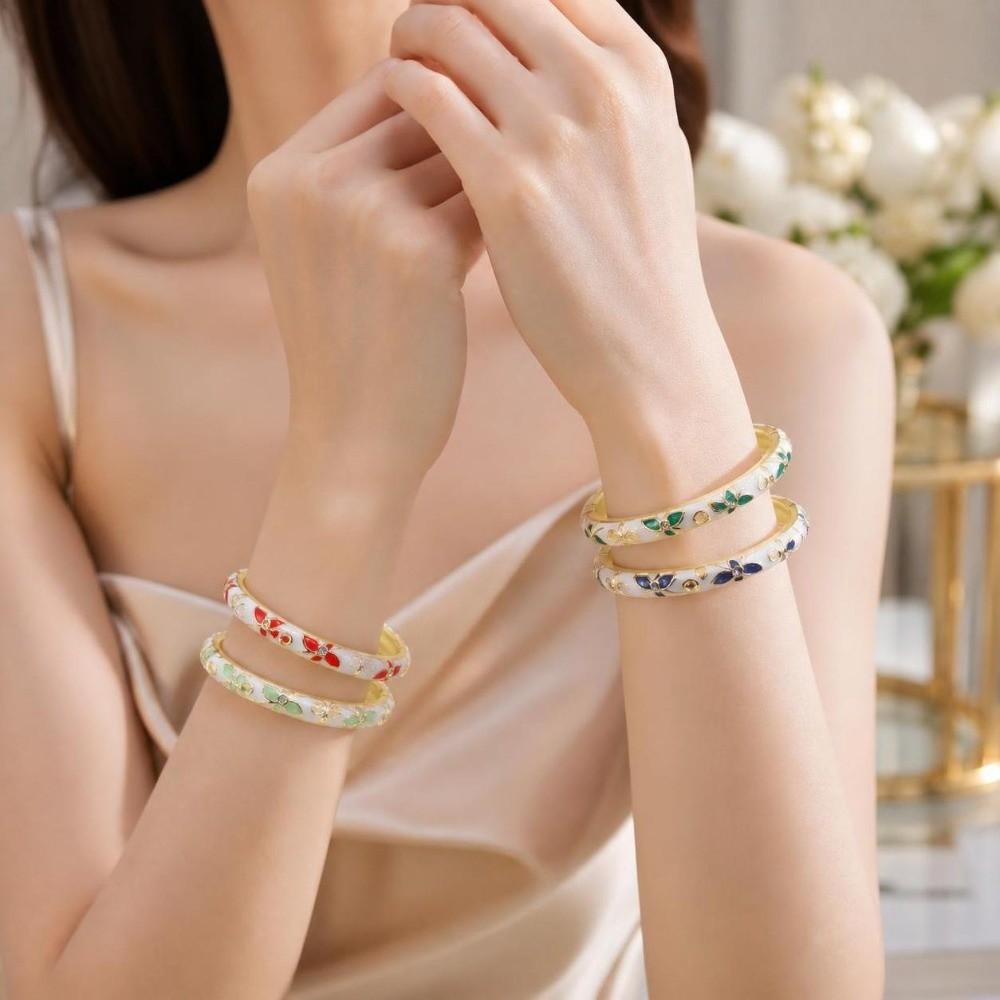 Chinese Style Open Cuff Bracelet Elegant Vintage Cloisonne Bangle Women's Floral Bracelet Ladies