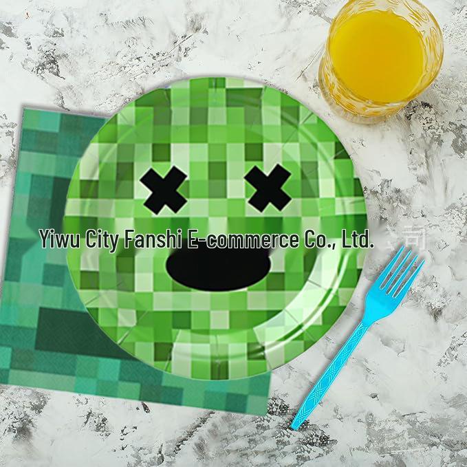 Набор посуды для вечеринки в стиле Minecraft «Зеленый пиксель»: Стаканчики, Тарелки, Флажки и Скатерть для Украшения Дня Рождения