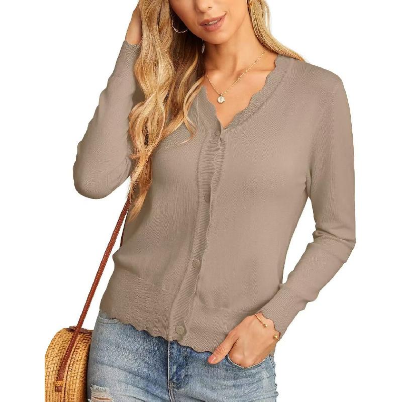 Women's Sweater for Spring and Autumn with Ruffled V-Neck and Buttoned Knit Cardigan Top