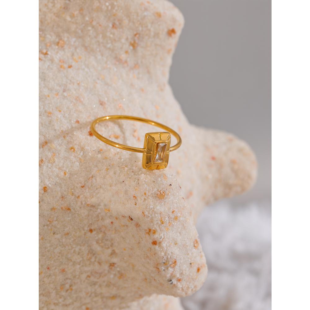 Yhpup Thin Stainless Steel Square Cubic Zirconia Gold Color Ring Chic Metal 18K PVD Plated Jewelry New