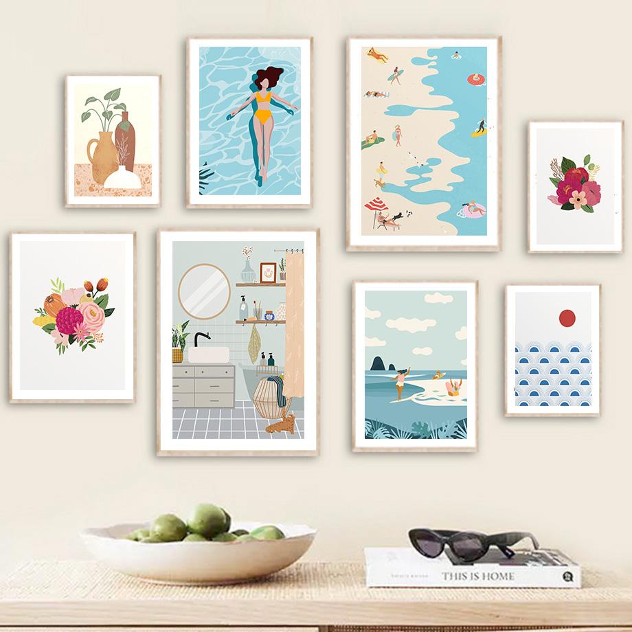 Beach Sea Waves Swimming Pool Flower Minimalist Posters And Prints Canvas Painting Wall Art Pictures For Living Room Decor