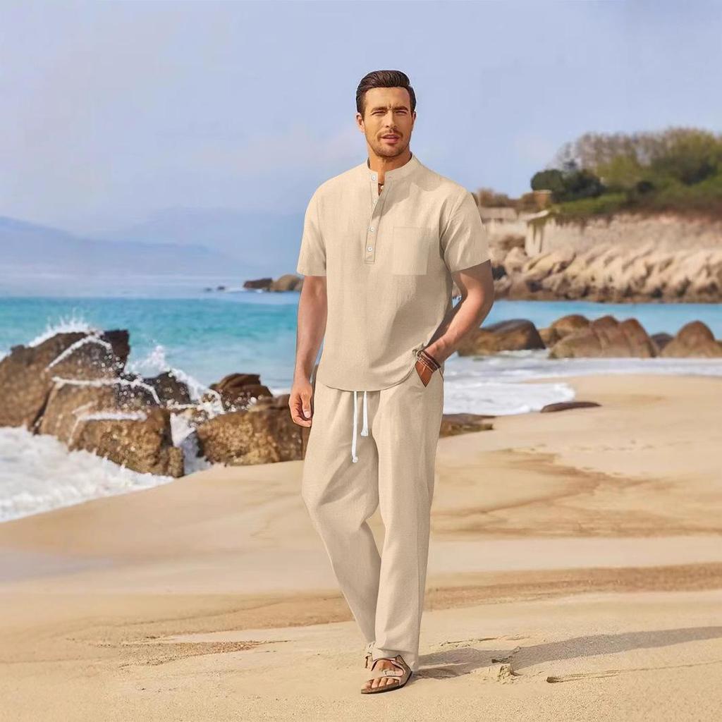 Мужской повседневный комплект из хлопка и льна на весну/лето 2025: Свободная футболка с коротким рукавом и длинные брюки