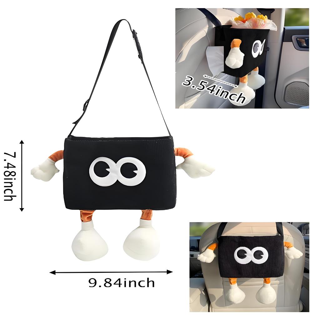 Cute Animal Car Trash Can, 2-Function Hanging Organizer with Tissue Dispenser - Plush Seat Back Storage Bag