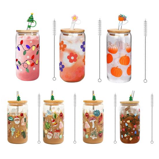 Color Changing Christmas Glass Cup with Lid Straw Brush Reusable Glass Iced Coffee Cup