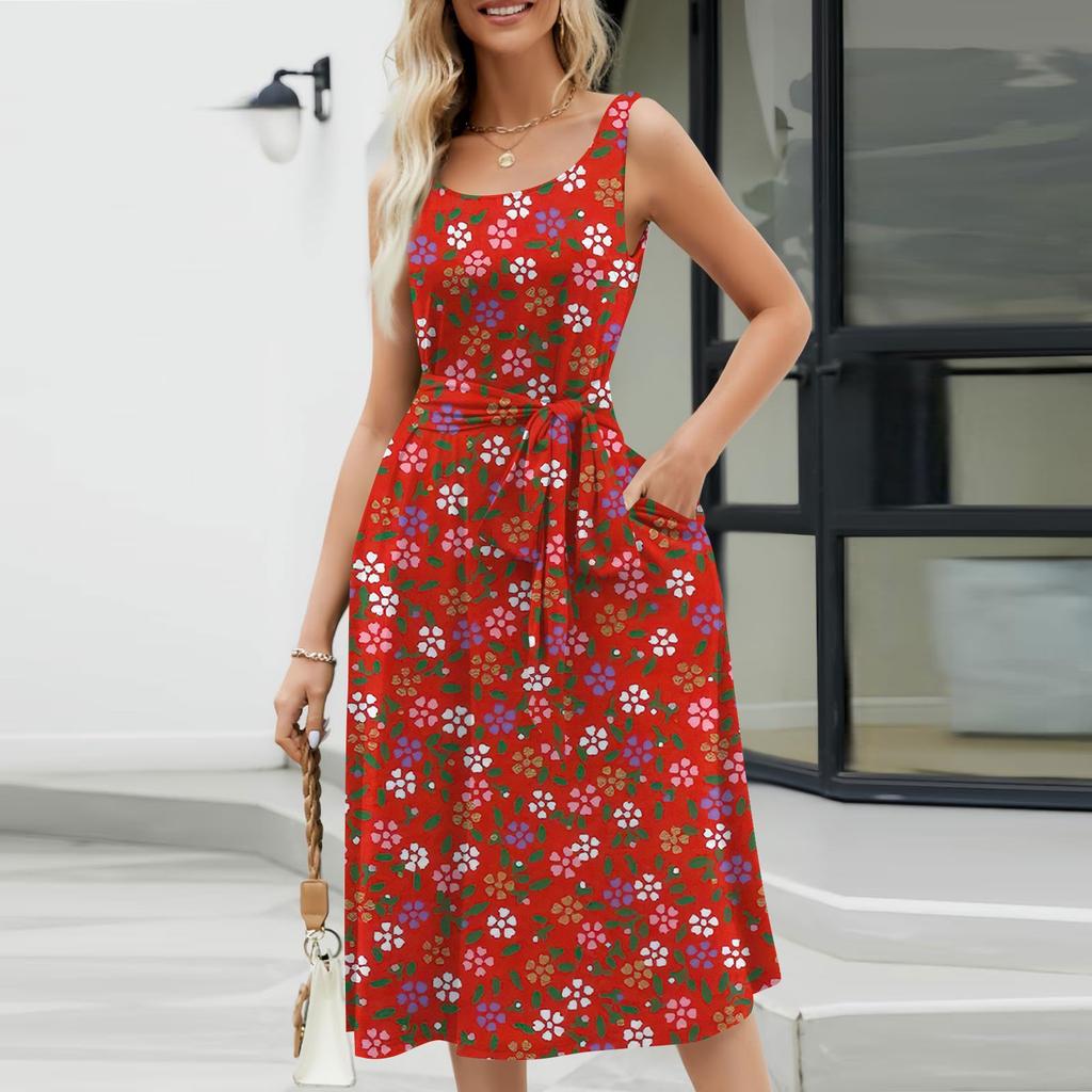 Женское летнее пляжное свободное платье трапециевидной формы средней длины с круглым вырезом и без рукавов, платье-жилет с карманом на шнуровке и цветочным принтом