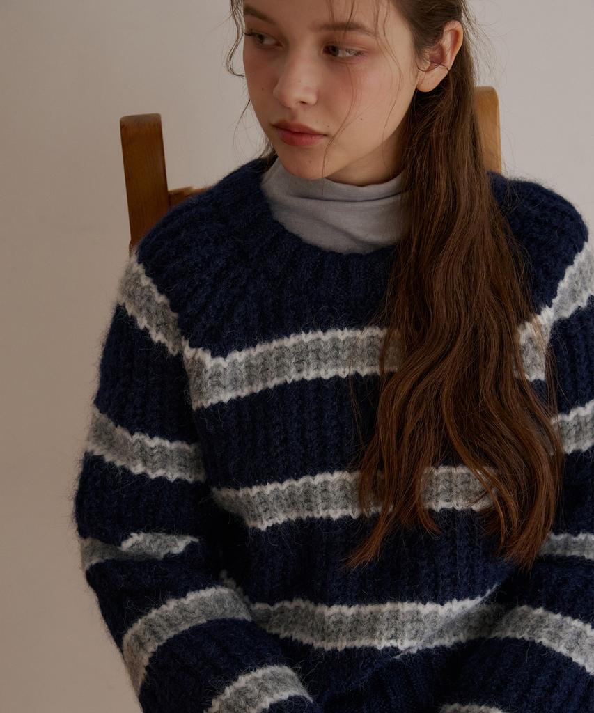 ODER Hairy Wool Stripe Pullover - Navy