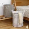Foldable Cotton Linen Laundry Hamper: Round Waterproof Plaid Storage Bin for Dirty Clothes and Toys