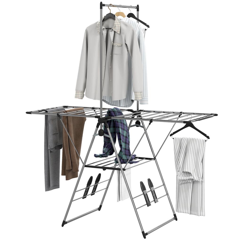 Foldable Clothes Airer, Standing Dryer with Adjustable Wings and Shoe Holders. Stainless Steel. 156.5 x 68 x 192 cm. Silver