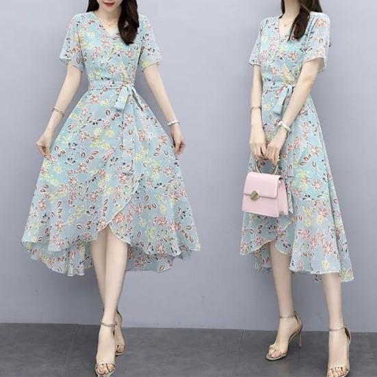 Платье с цветочным принтом для женщин с V-образным вырезом, коротким рукавом, струящимся запахом, платье миди с оборками и неровным подолом, платье А-силуэта для пляжного отдыха