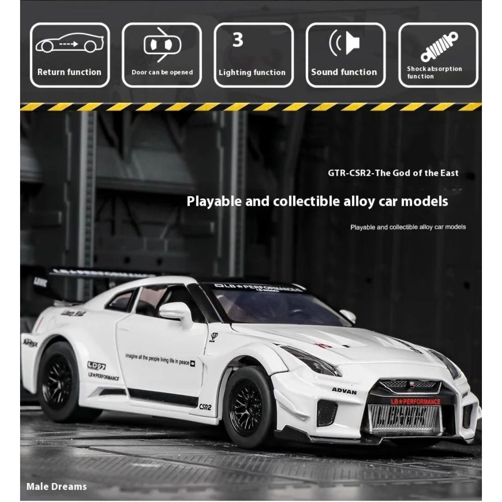1/32 Scale Skyline Nissan GTR-CSR2 Alloy Sports Car Diecast Metal Model Sound & Light Toy Collect Display Ornament Gift for Boys
