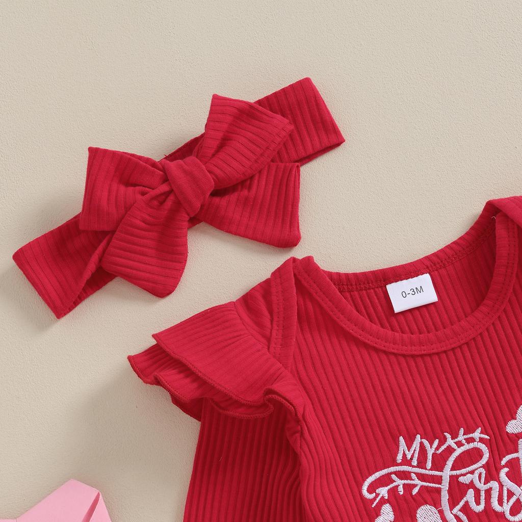 Наряды на День святого Валентина для маленьких девочек: комбинезон с вышивкой + расклешенные брюки + повязка на голову, комплект одежды для младенцев