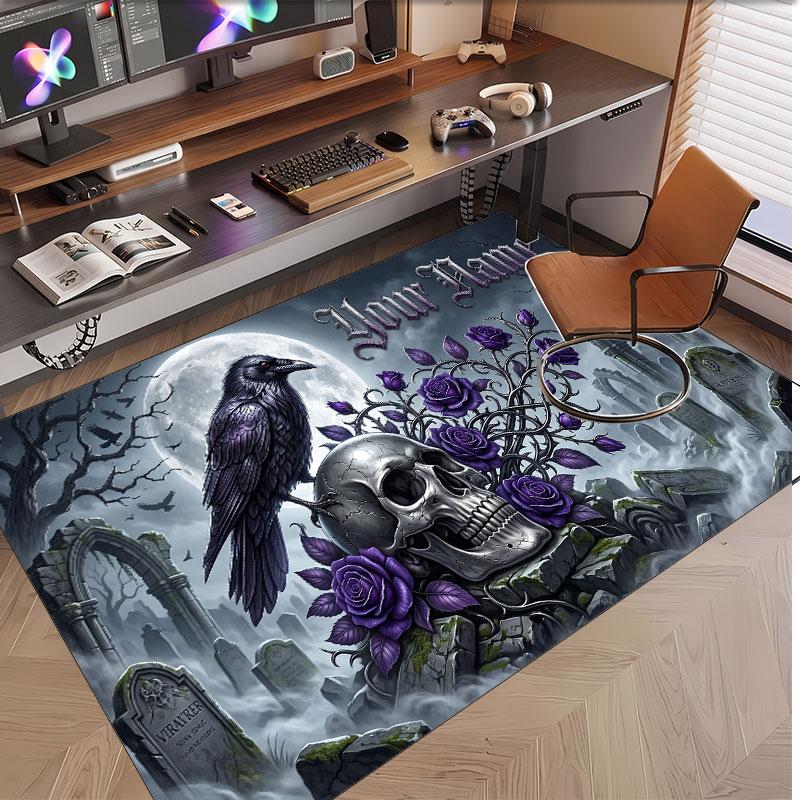 Skull Gothic Theme Soft Crystal Velvet Rug Custom Name & Text Print Non Slip Floor Rug for Bedroom Living Room