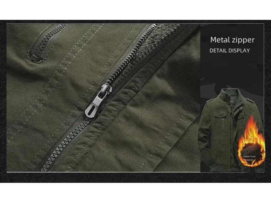 Men's Military-Style Washed Cotton Jacket with Velvet Lining