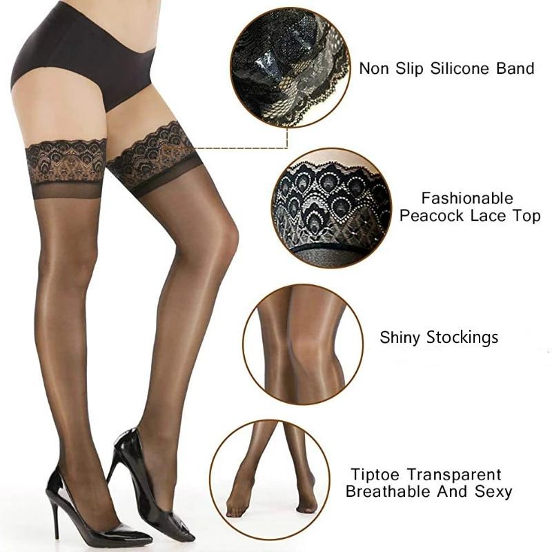 Lady Non Slip Silicone Stocking Women's Fashionable Peacock Lace Top Shiny Stockings Tiptoe Transparent Breathable and Sexy Hosiery