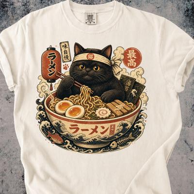 Футболка "Кот Рамен", Винтажное японское искусство, Черный кот Гурман, Comfort Colors