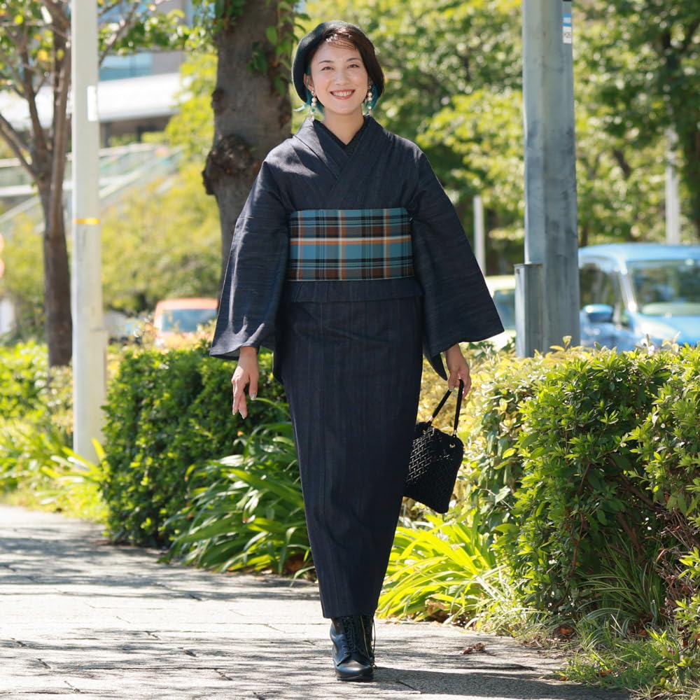 Kyoto Kimono Yuzen Washable Denim Kimono, Kaihara Komon Pattern, Single Kimono, Women's, Size M, Indigo, High-Quality, Made in Japan, Ready-to-Wear