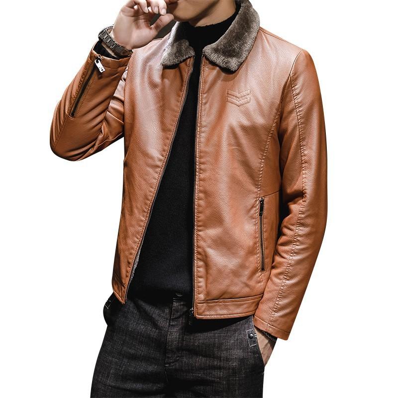 Men's Leather Jacket with Plush New Style Men's Leather Jacket Lapel Middle-aged and Elderly Men's Clothing Father's Clothing Thickened Trend