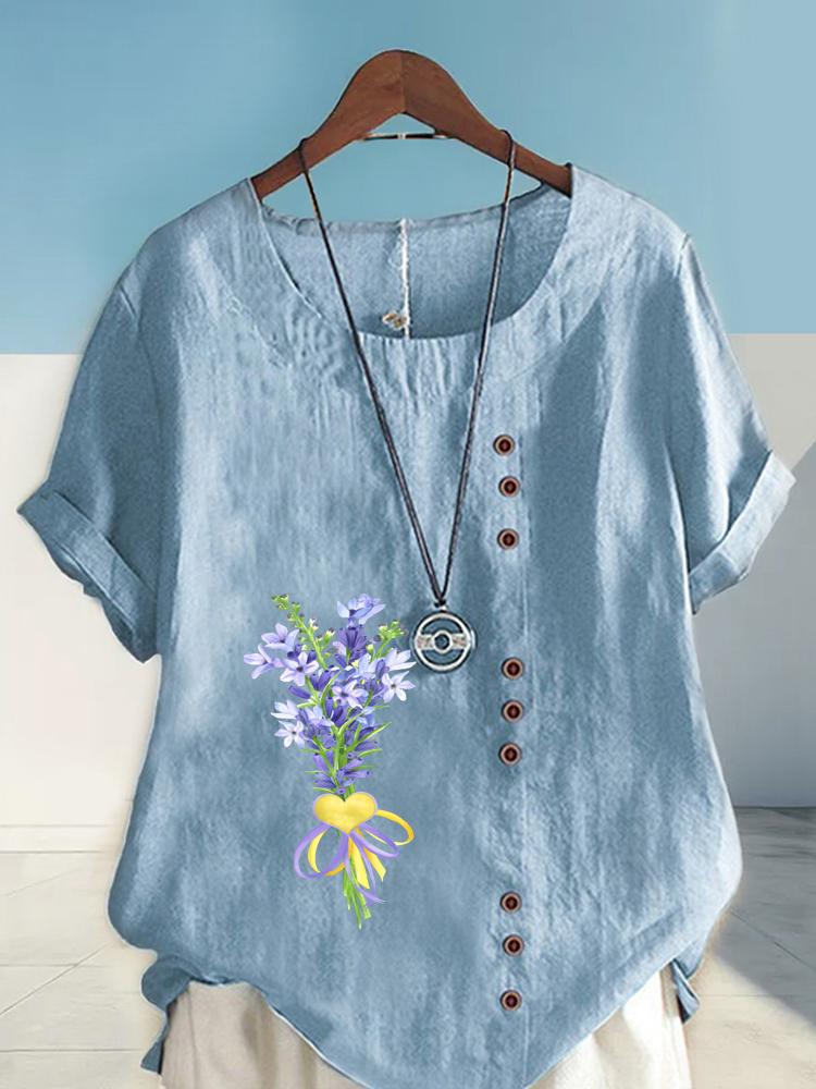 Women's Fashion Purple Bouquet Print Shot Sleeve T-shirt Loose Cotton Shirt Casual Loose Summer Blouse Tops Plus Size