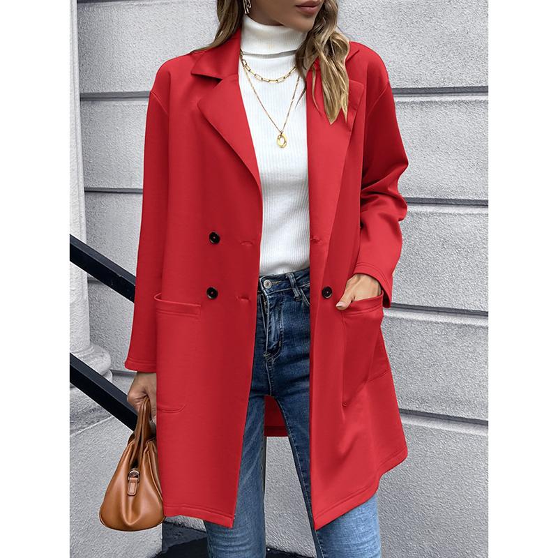 Autumn Mid Long Solid Casual Loose Women Jacket Double Breasted Formal Office Jackets for Women Fashion Winter Pockets Notched Ladies Coat 24899