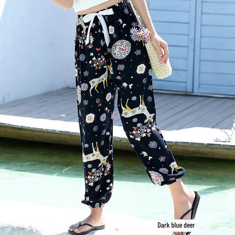 Women's Summer Cotton Silk Anti-Mosquito Loose Beach Bloomers Pajama Pants