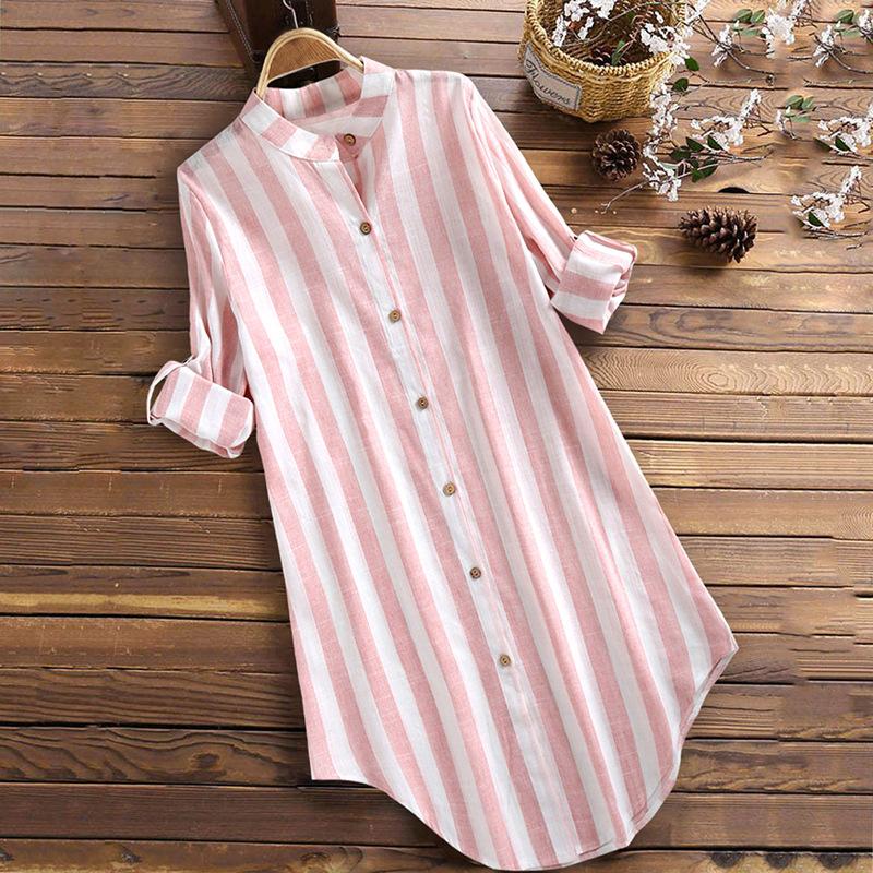 Autumn Fashion Striped Long-sleeved Shirt Casual Large Size Cotton and Linen Shirt