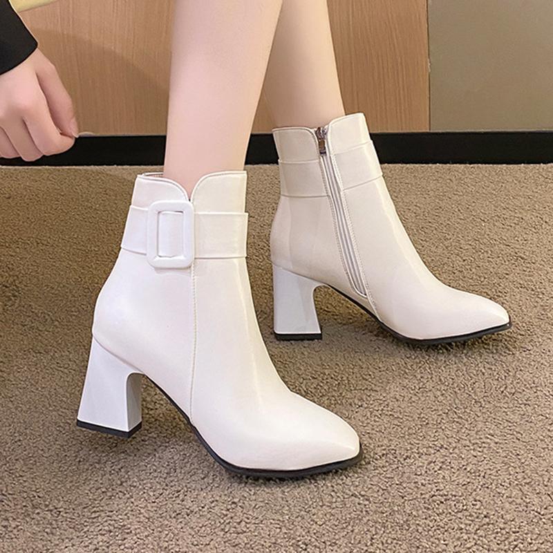 Белые ботильоны для женщин, толстый высокий каблук, круглый носок, элегантные короткие ботильоны, женские туфли-лодочки с пряжкой, Botas Femininas