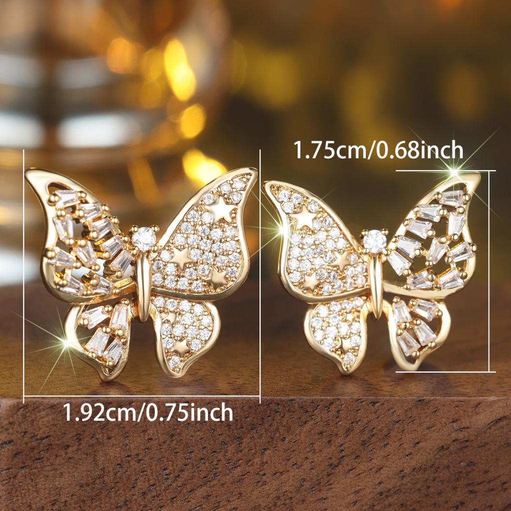Three-dimensional zircon full diamond butterfly earrings, Korean gentle wind versatile temperament earrings