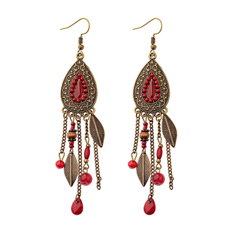 TopHanqi Womens Bohemia Ethnic Bronze Water Drop Earring Multicolor Stone Metal Leaf Pendant Long Tassel Earrings Indian Zircon