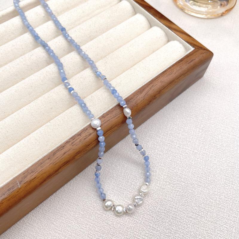 Natural aquamarine crushed silver baroque freshwater pearl necklace - versatile for everyday wear