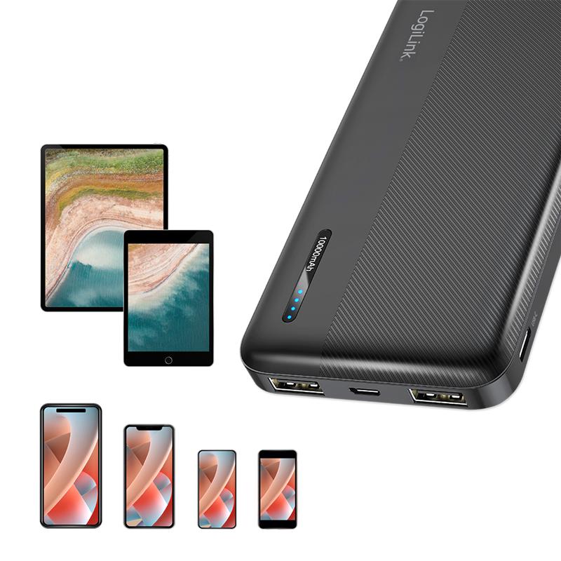 Powerbank 10000 mAh Fast Charging LogiLink USB-C + 2x USB-A LED Black