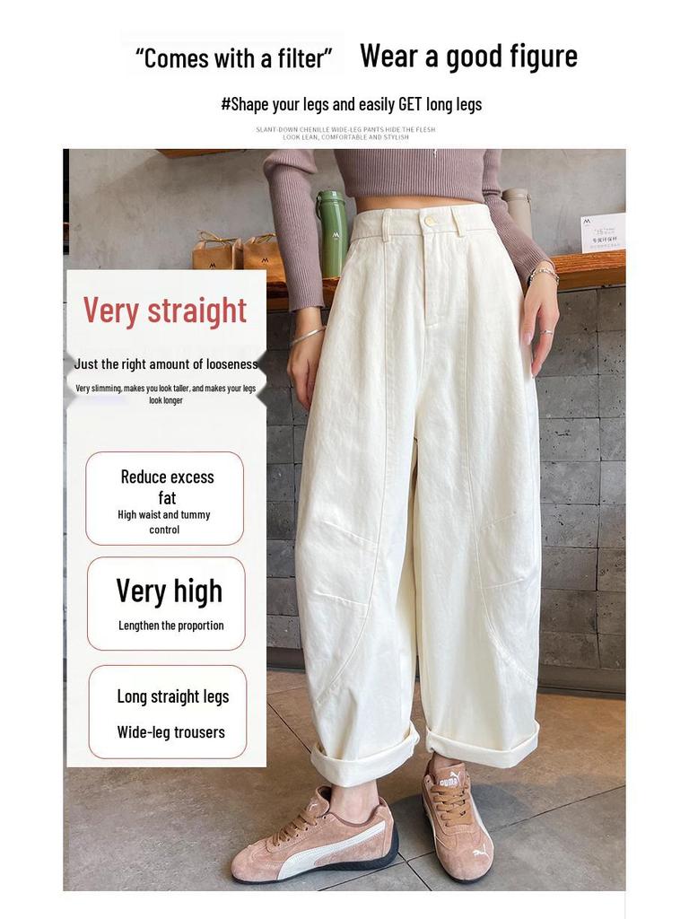 Dark Blue Korean-Style High-Waisted Wide-Leg Pants for Women - Plus Size, Slimming, Casual, 100% Cotton, Autumn Suitable.
