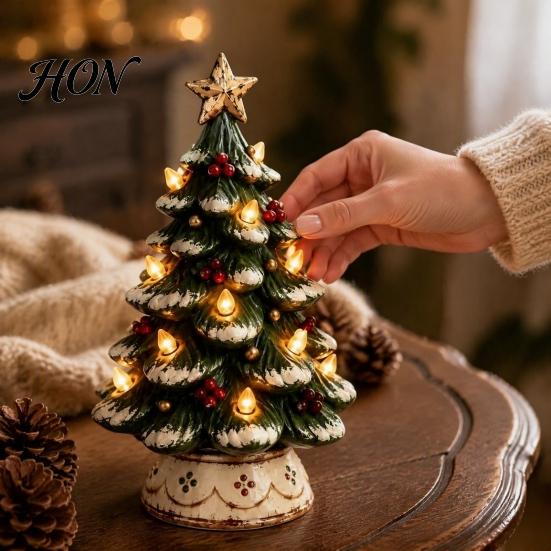 Resin Tabletop Decor Lighted Christmas Tree Decoration, Xmas with Warm LED Gifts for Family Lights, Battery Operated Holiday Figurine Indoor