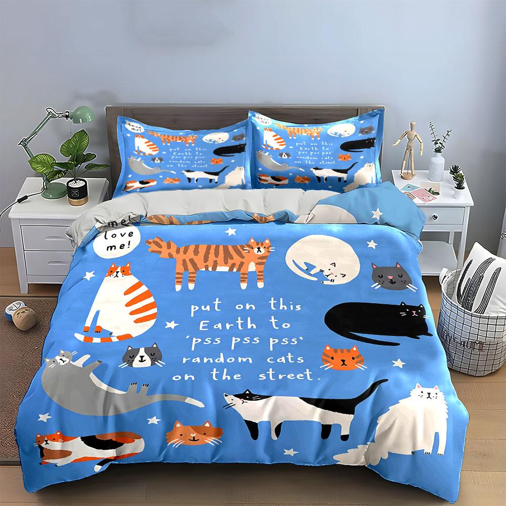 Cats and Stars Blue Print Bedding Duvet Cover Set Duvet Cover Pillowcases (1*Duvet Cover 2*Pillowcases, without duvet insert)
