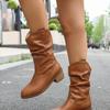 Распродажа модной женской обуви 2024 года, высококачественные женские ботинки с круглым носком, однотонные, средней высоты, на толстом каблуке, модные ботинки