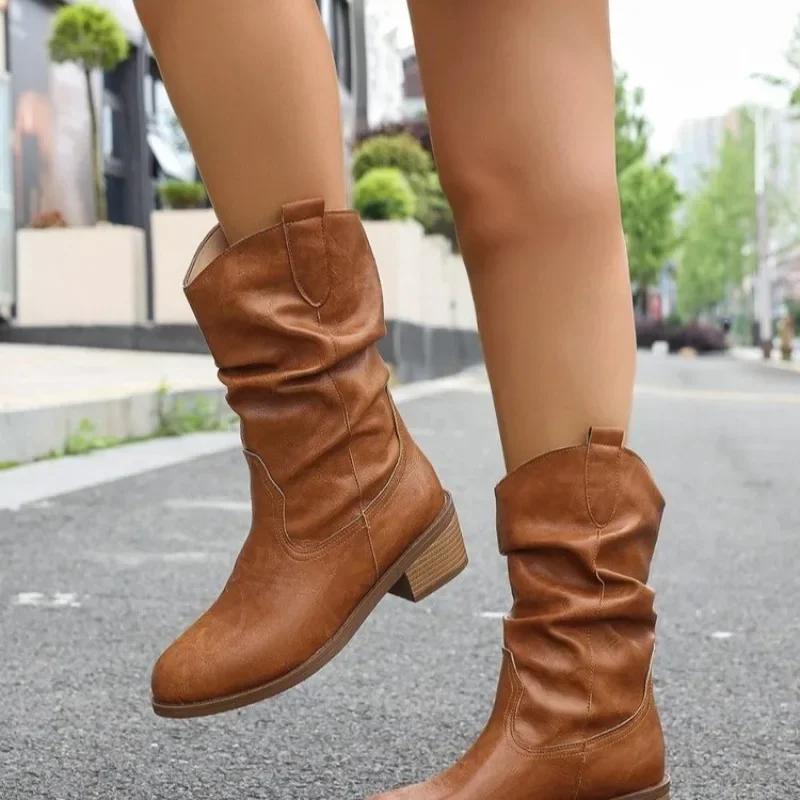 Распродажа модной женской обуви 2024 года, высококачественные женские ботинки с круглым носком, однотонные, средней высоты, на толстом каблуке, модные ботинки