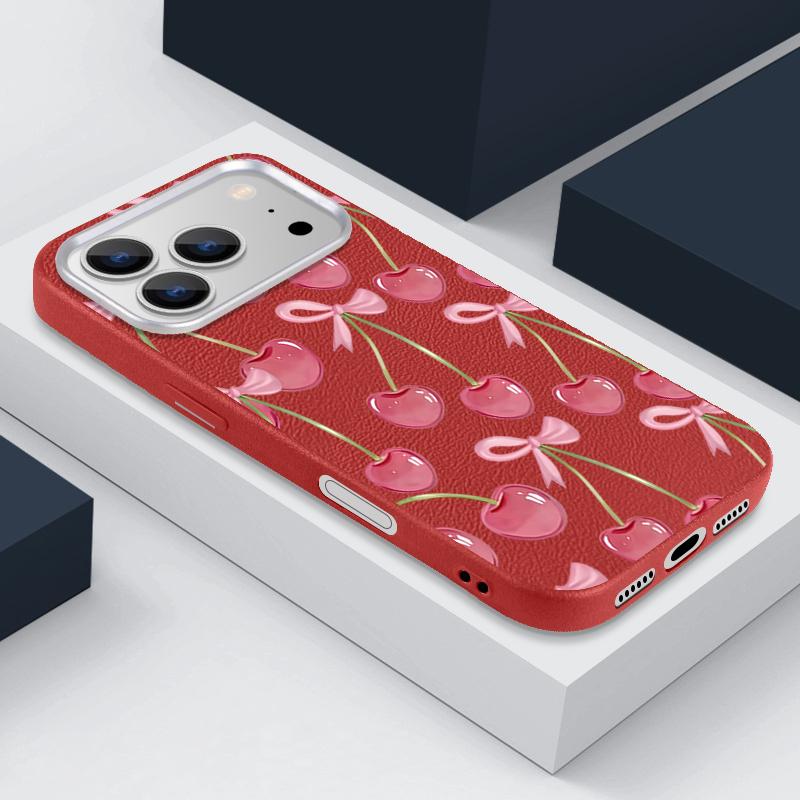 Чехол со Стразами и Узором из Вишневых Ягод и Бантов Для iPhone 17 Pro Max Мягкий Силиконовый Чехол с Текстурой Кожи Для iPhone 16 15 14 13 Pro 12 11 16E Air