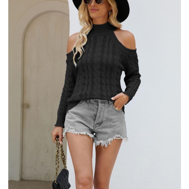 Women's Autumn and Winter Knit V-neck Off-the-shoulder Solid Color Twist Long-sleeved Sweater