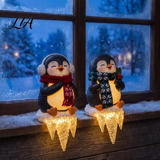 Cute Penguin Holiday Figurines Icicle Lighted Ornament, Battery Operated Christmas Window Sill Decor, Reusable Yard Accents Warm Glow Porch
