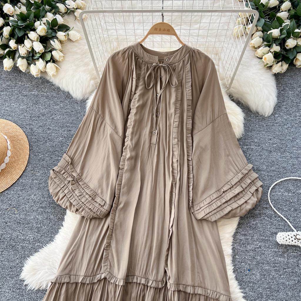 Винтажное однобортное платье с круглым вырезом на шнуровке, модное, с длинными рукавами, элегантное, свободное, с оборками, корейская женская одежда High Street