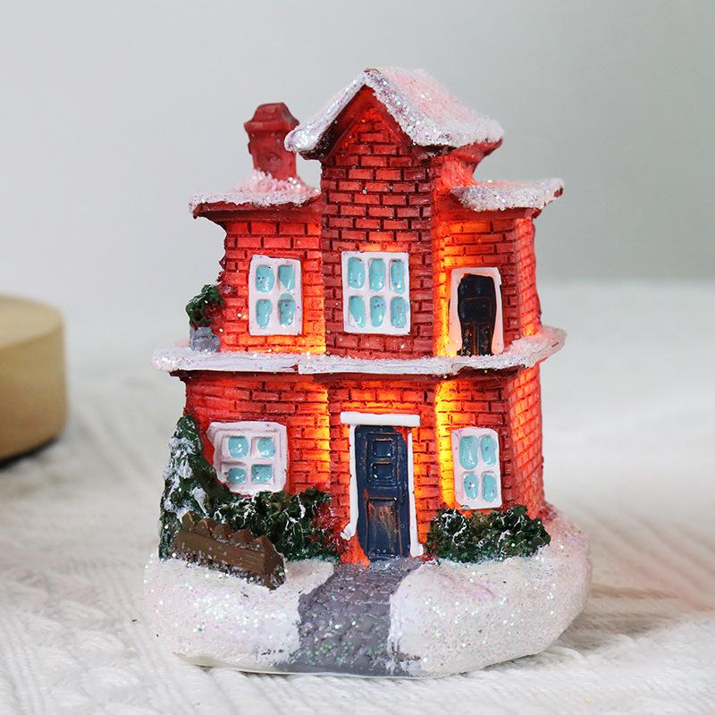 Christmas Resin House Figurine LED Light Up Snowy Village House Ornament Mini Desktop Decoration Xmas Gift