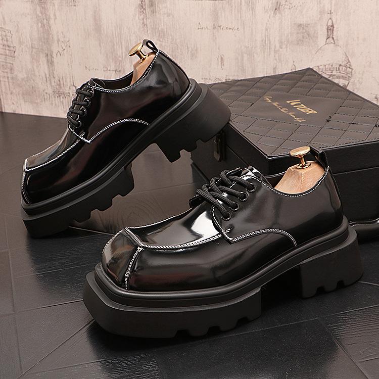 Мужские туфли из лакированной кожи с низким вырезом и квадратным носком, блестящей поверхностью, в мужском стиле, на толстой подошве, на шнуровке, свадебные туфли для жениха, черные, с широким носком, деловые, формальные, кожаные туфли