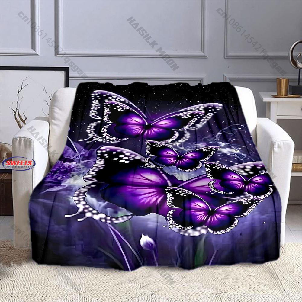 Multi-Size Purple Butterfly and Flower Printed Blankets, Bedroom Living Room Sofa Chairs Bed Blanket Soft and Comfortable Gifts