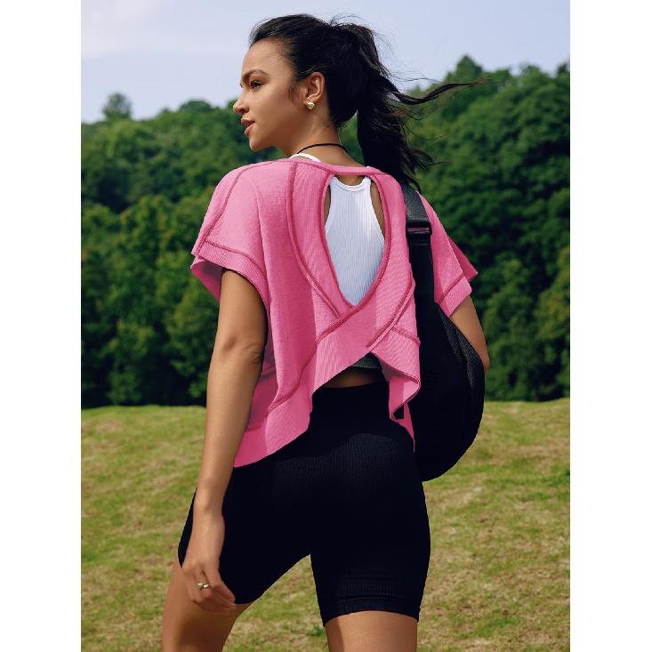 Летняя повседневная футболка с короткими рукавами для женщин, красивая спина, спортивная футболка для йоги, свободная повседневная дышащая короткая футболка